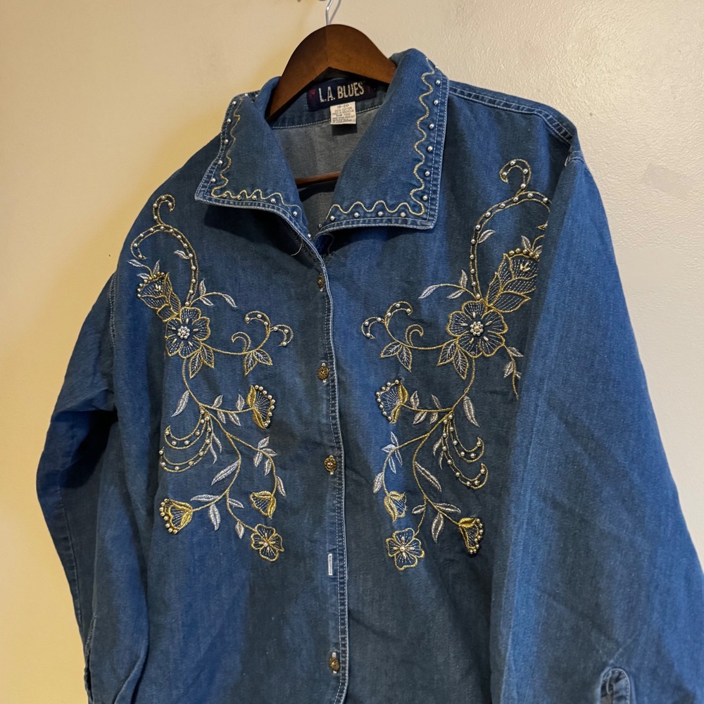 VTG L.A. Blues Denim Shirt Women's 18-20 100% Cotton Floral Embroidered Studded